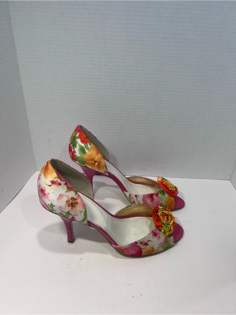 Anne Klein Pink Floral Open-Toe Heels with Rosette Detail